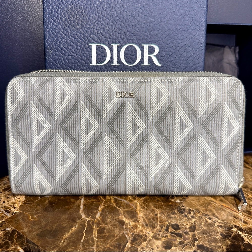 Christian Dior Long Zip Wallet With Box And Dust Bag Grey Monogram Diamond